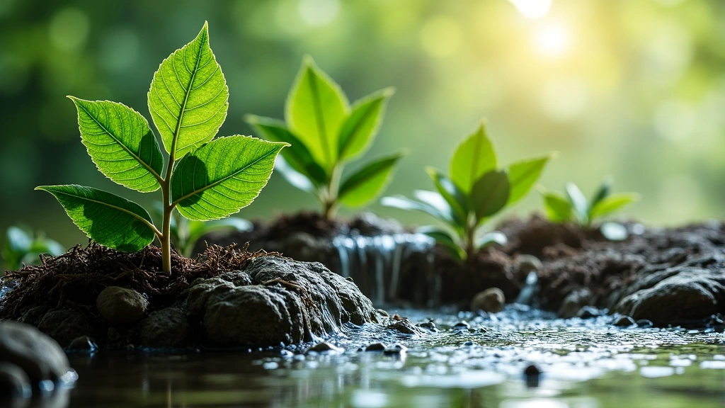 Imagine abstractă de elemente naturale, frunze, apă, pământ, simbolizând sănătatea și echilibrul masculin.