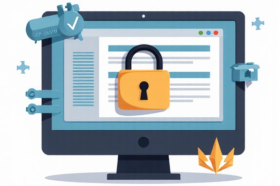Ilustrație cu date personale securizate, un lacăt pe un ecran de computer și simboluri de confidențialitate