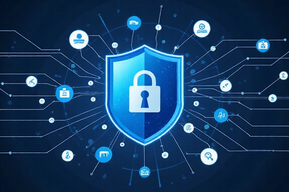 Ilustrație cu un scut de protecție digitală și simboluri de securitate cibernetică