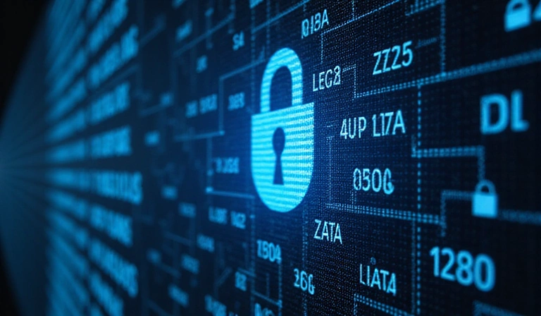 Imagine cu simboluri de date și securitate, reprezentând protecția datelor personale și confidențialitatea. Fără text.